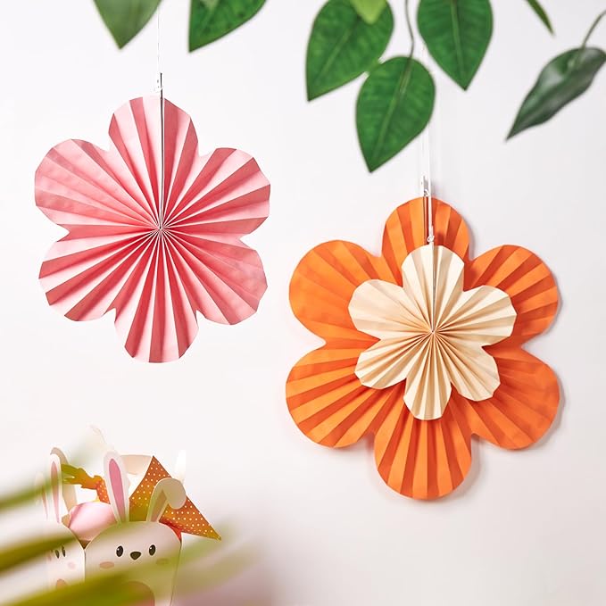 PAPER JAZZ Spring Paper Flowers Decoration Summer Orange Birthday Party Decoration Orange Pink Groovy Paper Fans Classroom for Wall Hanging Decor for Office Baby Shower Bulletin Board.