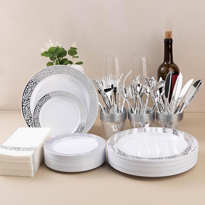 Bestluck 175PCS Silver Plastic Dinnerware Set for 25 Guests, Disposable Plates for Party, Wedding, Include 25 Dinner Plates, 25 Dessert Plates, 25 Set Silver Silverware, 25 Cups, 25 Napkins