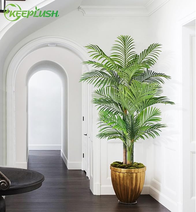 6ft Tall Triple Golden Cane Palm Artificial Tree Large Tropical Palm Tree UV Resistant Fake Plant in Pot for Indoor Outdoor Big House Living Room Outside Patio Office Home Decor 1Pack