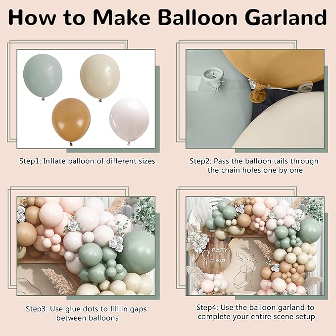 Dusty Green Neutral Balloon Garland Arch Kit, Sage Green Nude Cream Sand White Light Brown Pastel Blush Pink Double Stuffed Balloons for Baby Bridal Shower Wedding Birthday Boho Party Decorations