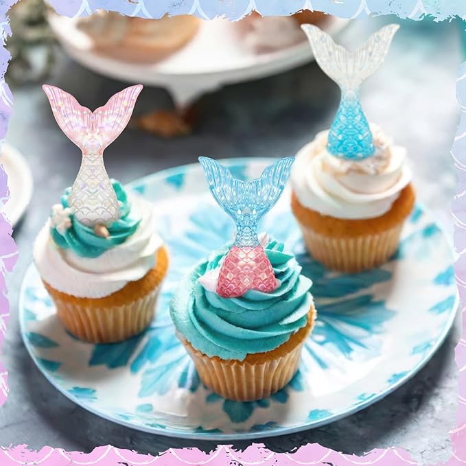 Kenning 24 Pcs Glittering Mermaid Tails Cupcake Ring Toppers Resin Cake Decoration Under the Sea Birthday Party Mermaid Birthday Cake Decor Baby Shower Princess Baby Shower Sea Party Supplies
