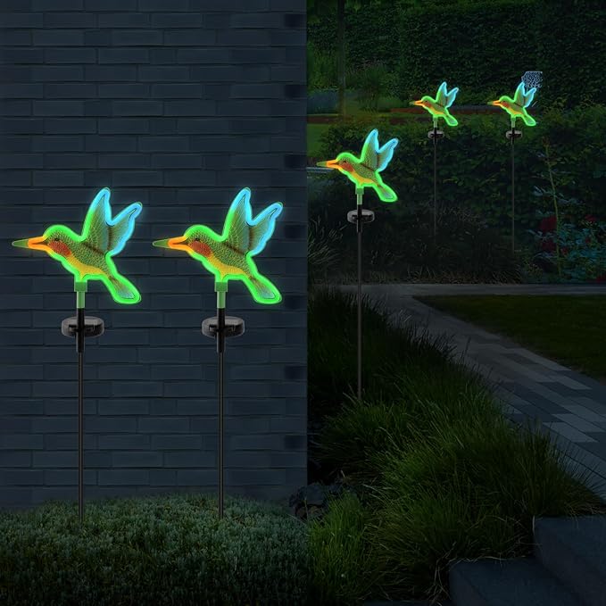 Solar Hummingbird Garden Lights 2 Pack, Colorful Neon Glow LED Solar Stake Lights, Waterproof Outdoor Decorative Landscape Lighting for Yard, Patio, Gifts for Mom