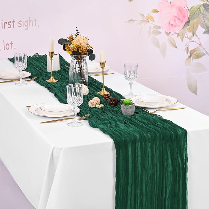 8 Pack Emerald Green Cheesecloth Table Runner 120 Inch 10FT Spring Boho Rustic Sheer Gauze Cheese Cloth Table Runner for Wedding Baby Shower Birthday Party Table Decor