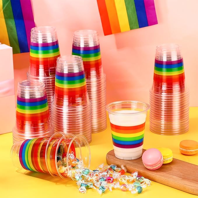 Jingmore 100 Pcs Rainbow Plastic Cups 12 oz Gay Pride Colorful Stripes Disposable Clear Plastic Drinking Cups for Rainbow Gay Pride LGBTQ Party Decorations Supplies