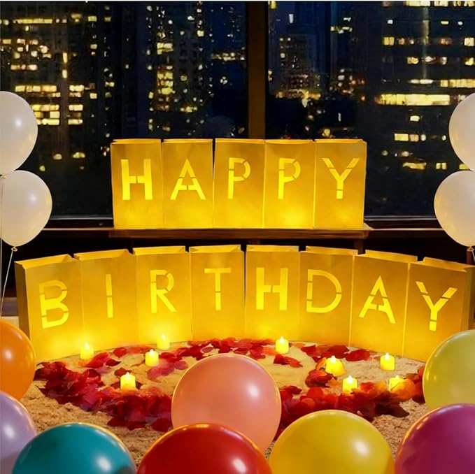 Happy Birthday Decorations for Women Men Girls Light Up Sign Luminary Bags Letters with 2000PC Rose Petals and Candles kit, Birthday Banner for Room Party Hotel Outdoor Decorations, Surprise Gifts Banner