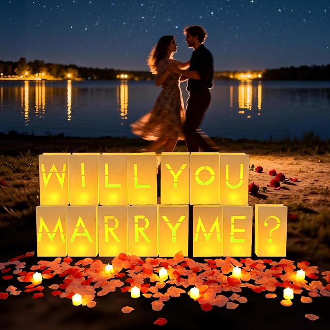 Will You Marry Me Marriage Proposal Decorations Luminary Bags Light Up Letters Sign Decor 2000 Rose Petals and Candles Set Romantic, Valentines Decor, Engagement Party Banner