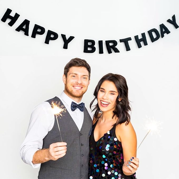 Meygajoe Pre-Strung Felt Happy Birthday Banner,Reusable HAPPY BIRTHDAY Garland,Birthday Banner Decorations,Personalized Happy Birthday Sign for Birthday Decor,Party Decor,Photo Prop (Black) M-123