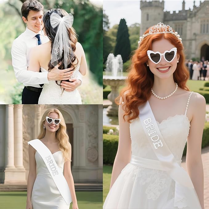 4 Pcs Bachelorette Party Decorations, BRIDE Crown ,Pearl Bride Sash,White Bow Bride Veil,Bride Sunglasses for Women Bachelorette Party Gifts, Bridal Shower Supplies, Brides Accessories ,Gifts, Favors