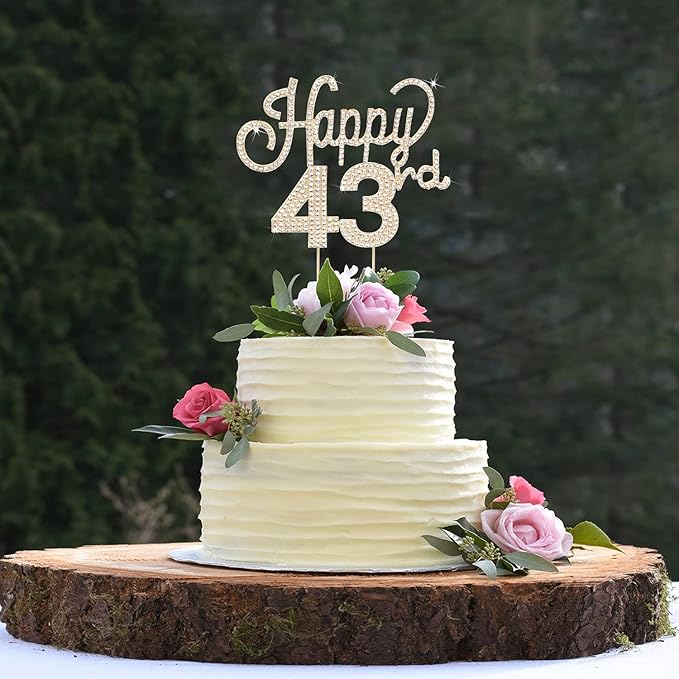 LINGTEER Happy 43rd Birthday Gold Rhinestone Cake Topper - Cheers to 43rd Birthday 43 Years Old Anniversary Party Cake Centerpieces Topper Decorations Gift Sign.
