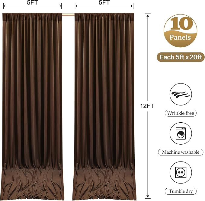 10ftx12ft Wrinkle Free Brown Backdrop Curtain, 10 Panels 12FT Long Wedding Photo Backdrop Drapes, Silky Polyester Back Drop Cloth for Birthday Photography Background Party Backdrop Draping