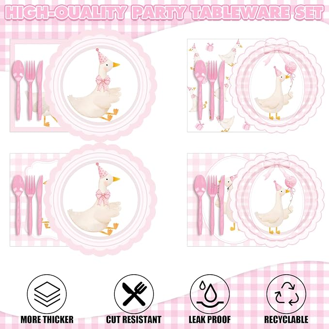 Zhehao 350 Pcs One Silly Goose Birthday Party Tableware Set Scalloped Pink Bow Baby Shower Plates Cup Napkins Forks for Birthday Party Decorations Supplies for 50 Guests