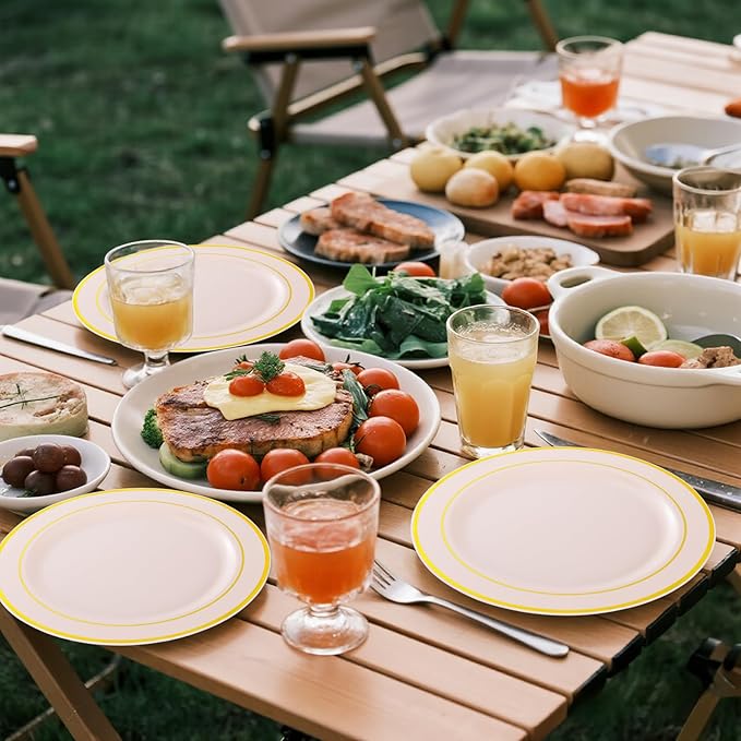 GATHER 350PCS Pink Plastic Plates - Disposable Plastic Dinnerware Set Include 100 Pink Plates, 150 Silverware, 50 Napkins, 50 Cups for Party & Wedding & Baby Shower & Mother‘s Day