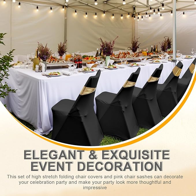 Preboun 50 Pack Folding Chair Cover Set with 25 Spandex Chair Slipcovers 25 Sequin Chair Sashes Bow Washable Chair Protector Chair Cover for Party Wedding Banquet Event (Black and Gold)