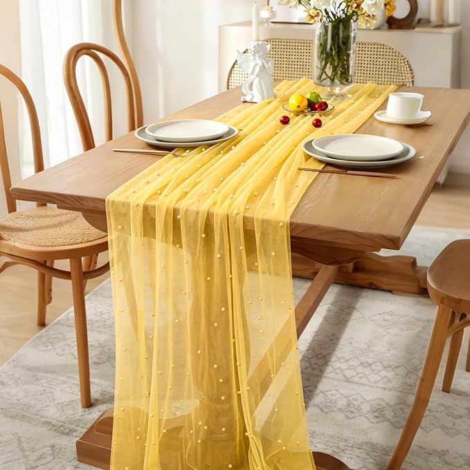 BINBE Pearl Table Runner Spring Summer Rustic Boho 10ft Tulle Table Runner for Baby Shower Wedding Veil Holiday Dessert Table Decor Yellow