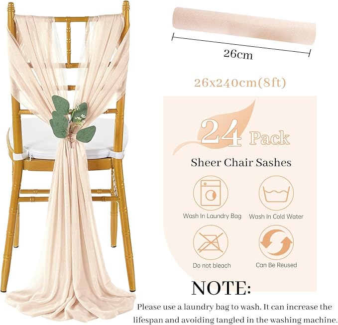 QueenDream Champagne Chair Sashes Wedding Aisle Decorations: 16 Packs 8ft Long Draping Fabric Sheer Church Chair Cover Bulk for Party Banquet