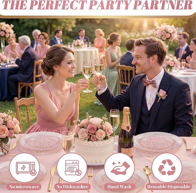 I00000 150Pcs Clear Pink Plastic Plates with Gold Rim,Pink Disposable Plates,Clear Hammer Patterned Disposable plates Set include 30 Dinner Plate,30 Dessert Plate,90 Plastic Silverware Set for Party