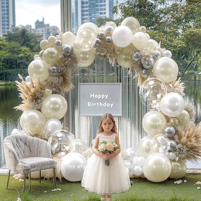 White Balloon Arch Double Stuffed Sand White Gold Pearl Bobo Balloons Light Gold Silver Latex Balloon Garland for Birthday Wedding Baby Shower Bridal Shower Baptism Party Decor