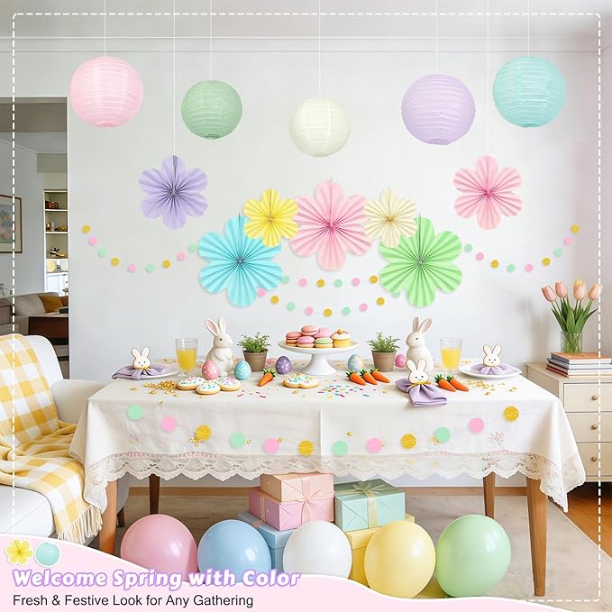 Spring Hanging Decorations - 20Pcs Pastel Party Decorations | Paper Lanterns & Flower Fans Set with Glitter Garland for Pastel Classroom Decor, Office, Baby Shower, Wedding & Easter Wall Decor