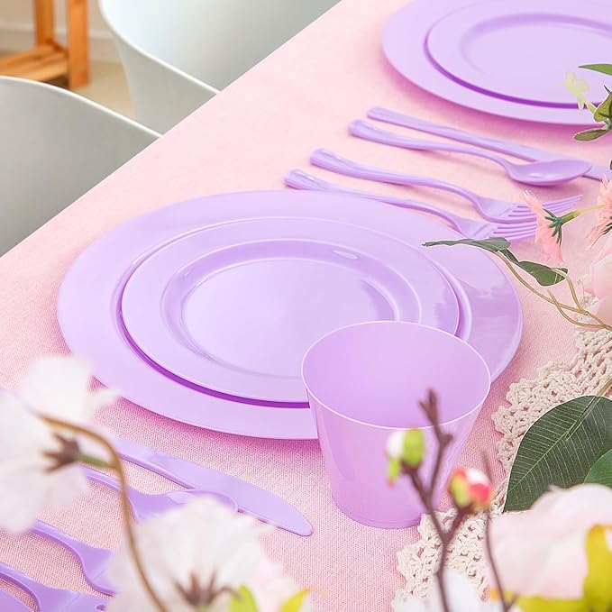 KIRE 150 PCS Purple Plastic Plates - Purple Dinnerware Set Disposable 25 Dinner & 25 Salad Plates 25Forks 25Knives 25Spoons 25Clear Cups for Birthday/Baby Shower/Easter/Spring