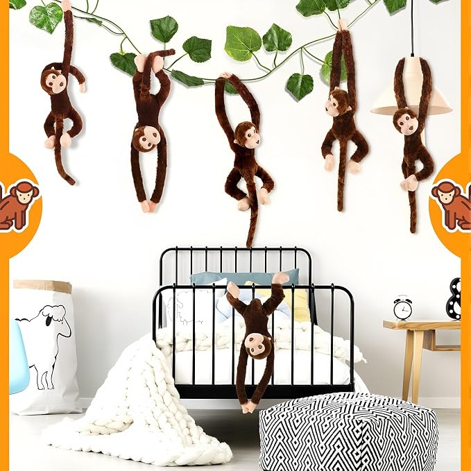 Hungdao 6 Packs Hanging Monkey Stuffed Jungle Animal Toy with Hook and Loop Jungle Party Hanging Plush Monkey for VBS Sunday School Classroom Party Decorations (24 Inch,Dark Brown)