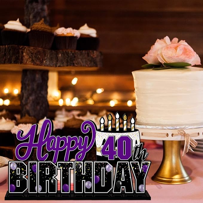 LINGTEER Happy 40th Birthday Purple Acrylic Table Topper Centerpieces Set - Cheers to Forty Years Old Birthday 40th Bday Party Gift Decorations.