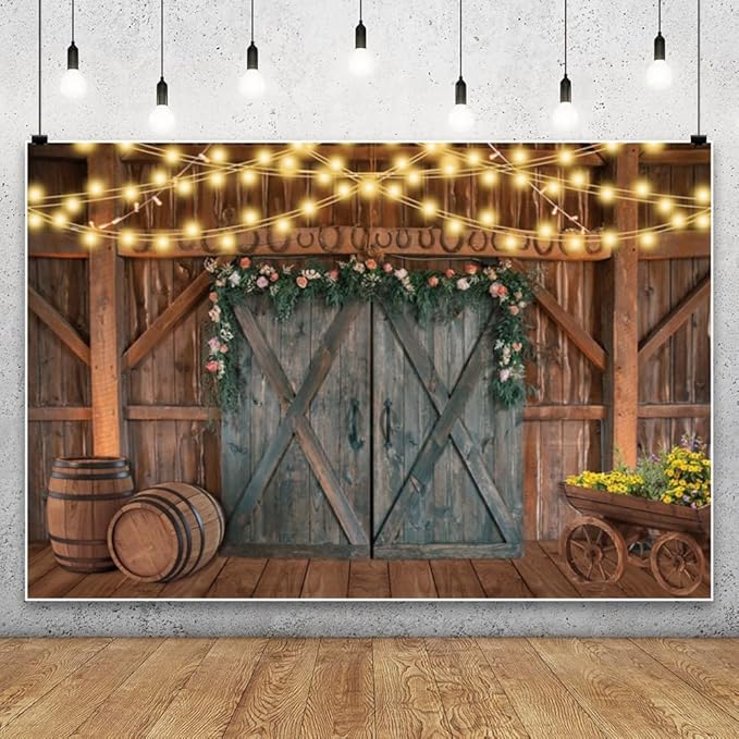 Leowefowa Western Wedding Backdrop 15x10ft Rustic Floral Barn Door Light Strings Barrels Photography Background Bridal Shower Photo Booth Props Cowboy Western Themed Party Decorations Banner Vinyl