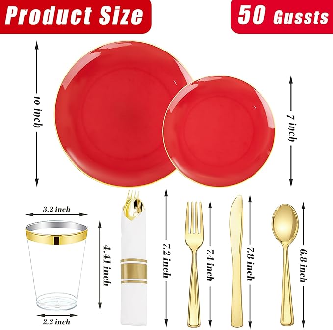 KIRE 350PCS Red Plastic Plates - Heavy Duty Red Plates Disposable - 50Guest Plastic Dinnerware Include 50Dinner Plate,50Dessert Plate,50Pre Rolled Napkins with Silverware for Wedding&Mother's Day
