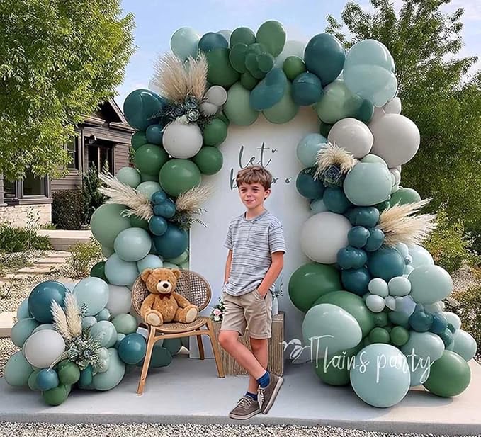 Dusty Blue Green Balloon Arch Kit Double Stuffed Sage Dusty Green White Matte Balloon Garland Slate Blue Teal Latex Balloons for Baby Shower Birthday Neutral Bridal Wedding Silly Goose Party Decor