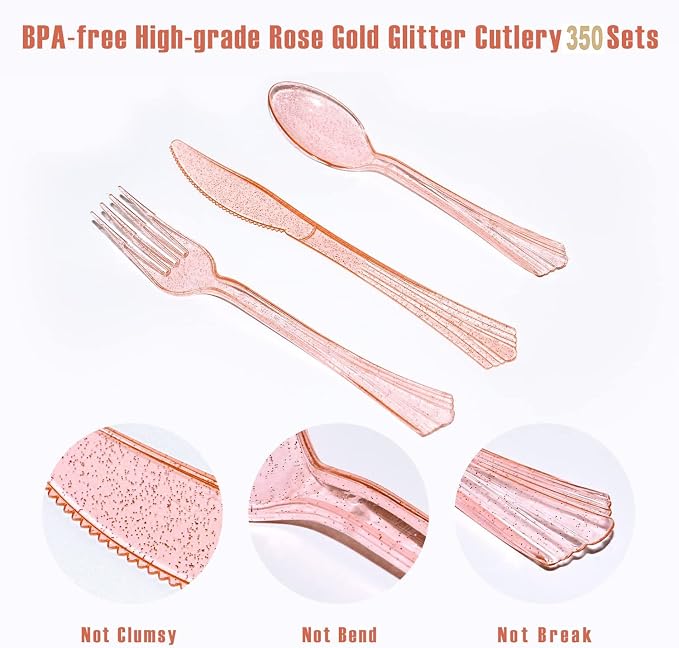 AIRE 350PCS Pink and Gold Party Supplies, Severs 50 Disposable Partyware, Gold Plastic Cutlery, Napkins, Plates for Baby Shower, Birthday, Wedding | Durable extra-thick paper,ideal for elegant weddings birthday graduations,leakproof heavy-duty non-bend...