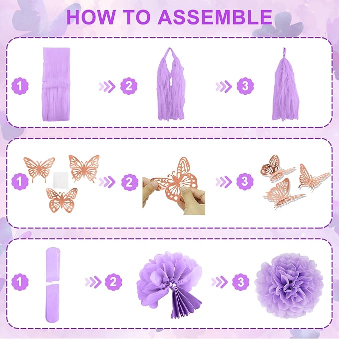 Purple Pink Birthday Party Decorations, Butterfly Confetti Rose Gold Lavender Balloons Happy Birthday Banner Fringe Curtains Hanging Swirls Circle Dots Tassels Pompoms for Women Girls Party Supplies