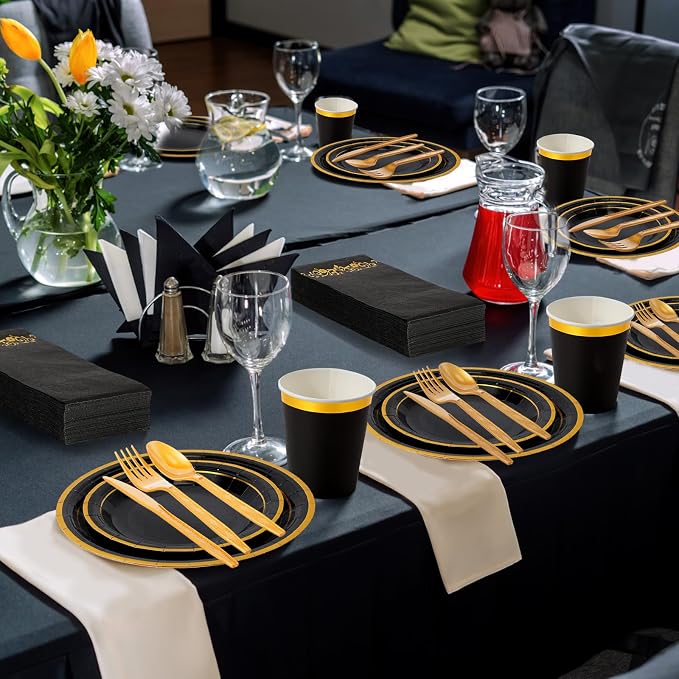 350 Pcs Black and Gold Plastic Plates Disposable Graduation Party Dinnerware Set for 50 Guests 9'' Dinner Silverware 7'' Dessert Plates Cups Napkins Knives Forks Spoons for Wedding Birthday Retirement