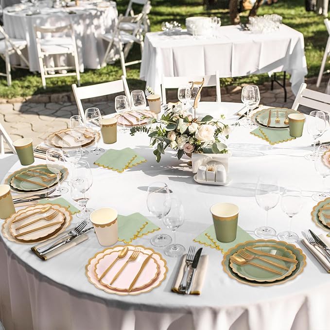 Mimorou 169 Pcs Sage Green Plates and Napkins Party Supplies for Guests Sage Green Tableware Include Scalloped Plates Paper Napkin Cup Spoon Fork Knife for Baby Shower, Wedding, Birthday