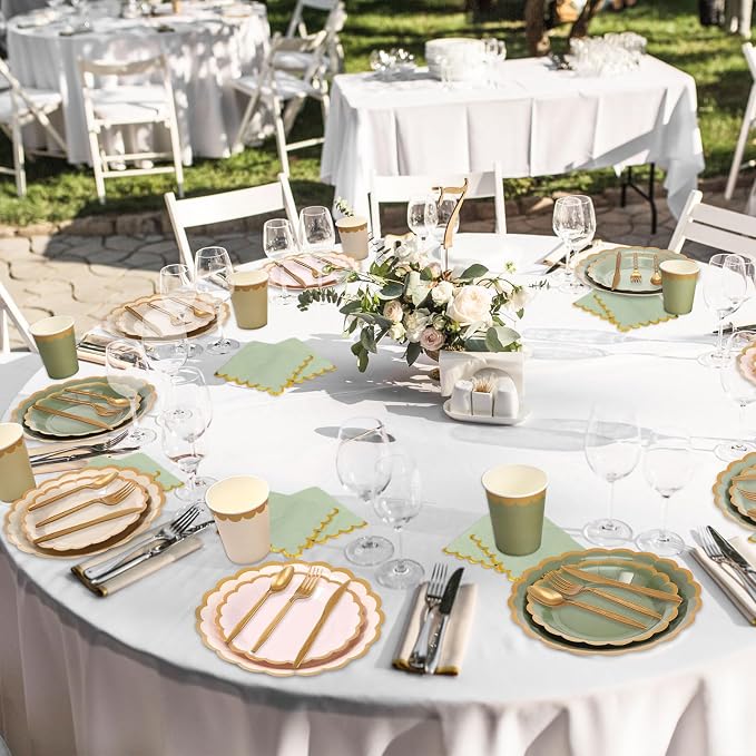 Mimorou 169 Pcs Sage Green Plates and Napkins Party Supplies for Guests Sage Green Tableware Include Scalloped Plates Paper Napkin Cup Spoon Fork Knife for Baby Shower, Wedding, Birthday