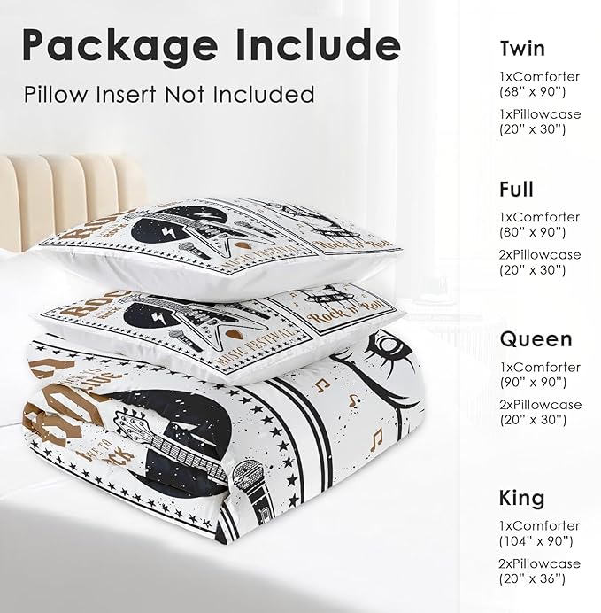 Pamnest Comforter Set King Size, Rock Roll Guitar Soft 3 Pcs Bedding for Kids and Adults, Retro Star Music Comforter Set with 2 Pillowcases, for Bedroom Bed Decor
