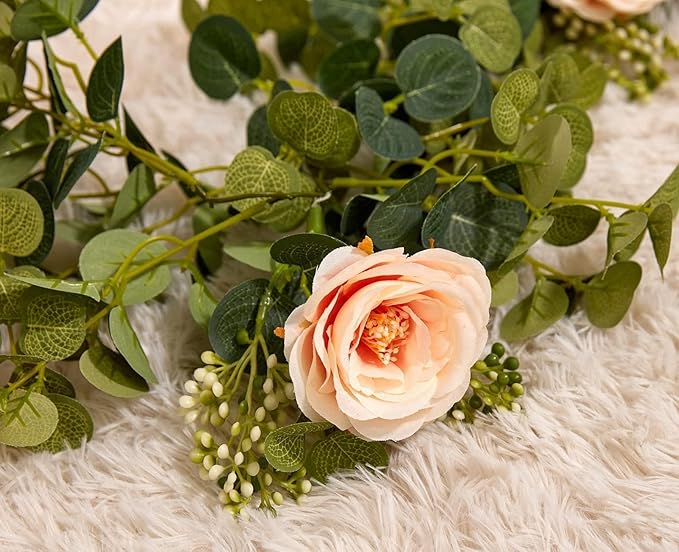 PARTY JOY 2pcs 6.56ft Eucalyptus Garland with Flowers-8 Pink Roses-Lush,Natural Looking, Floral Garland Greenery for Party Wedding Table Indoor Outdoor Backdrop Wall Decor(Pink)