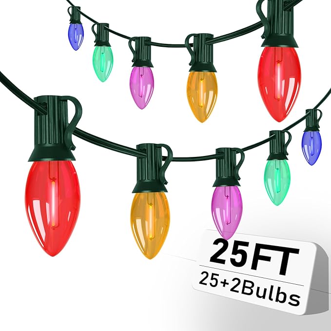 Outdoor C9 Multicolor Christmas Lights, 25Ft Vintage Christmas Lights with 27 LED C9 Bulbs, Extendable Plug in String Lights for Tree Patio Wedding Outdoor Indoor Christmas Decorations