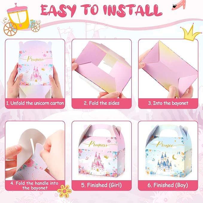Nezyo Princess and Prince Treat Boxes - Pink & Blue Crown Cardboard Goodie Boxes for Birthday (36 Pcs,Prince and Princess)