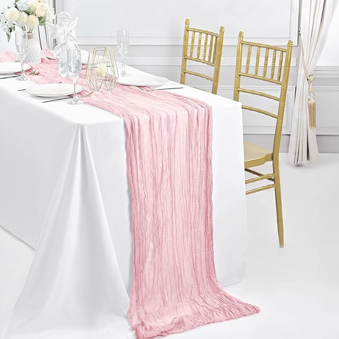 12 Pack Light Pink Table Runner, 10FT Cheesecloth Table Runner Long Romantic Semi Sheer Rustic Boho Gauze Table Runners for Wedding Bridal Shower Birthday Party Decorations(21.5×120 Inch)