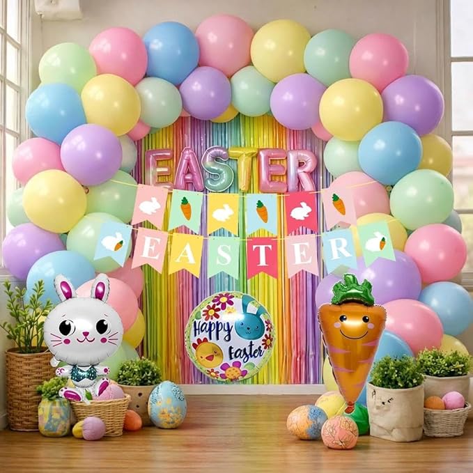 Pastel Balloons Arch Kit Double Stuffed Ma'ca'ron Balloons with Bunny, Carrot & Egg Foil Balloon Easter Banner and Colorful Fringe Curtain for Birthday Baby Shower Spring Pastel Party Decoration