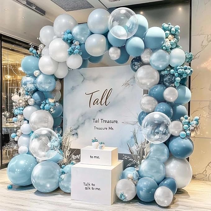Dusty Blue and White Balloons Garland Double Stuffed Pearl Light Blue Bobo Balloon Arch Kit for Birthday Baby Shower Wedding Bridal Cinderella Frozen Winter Party Decorations