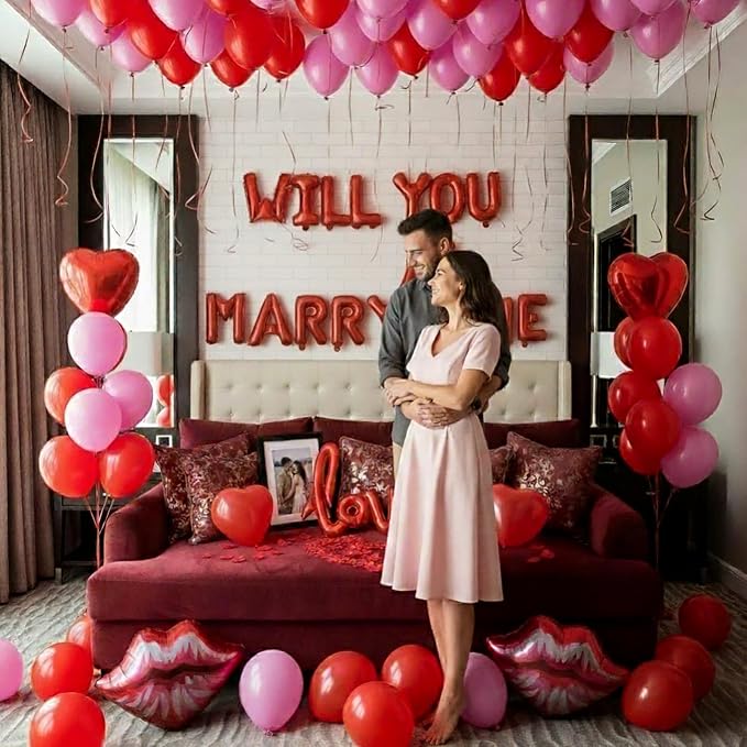 Will You Marry Me Decorations red Will You Marry Me Proposal red lips Foil Letter Balloon Heart Shaped Petal Balloon for Valentine's Day