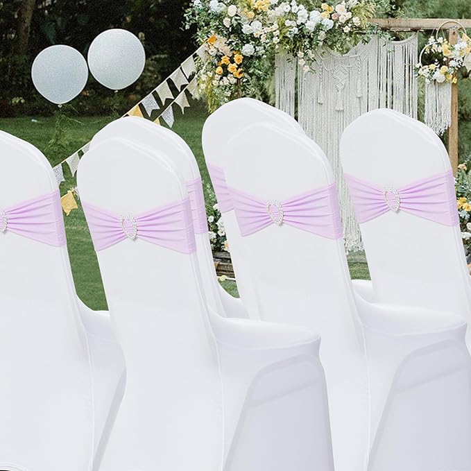 Howhic Pack of 120 Spandex Chair Sashes Bows Stretch Chair Cover Band with Buckle Slider Universal Elastic Chair Ties for Wedding Banquet Party Event Decoration (Lavender)