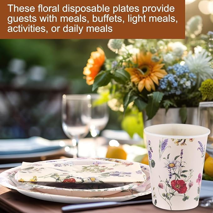 Ziliny 250 Pcs Wildflower Party Decorations Include Spring Summer Floral Paper Plates Napkins and Cups for Wildflower Baby Shower Tea Decorations, Serve 50 Guest(Multicolor,Rustic Style)