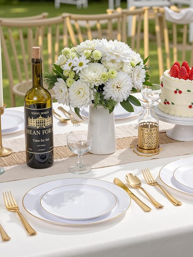 WDF 150Pcs White and Gold Plastic Plates - Gold Plates Disposable - 50 Guest Disposable Dinnerware Include 50 Dinner Plate, 50 Dessert Plate, 50 Cutlery & 50 9oz Cups for Wedding/Spring/Mothers Day