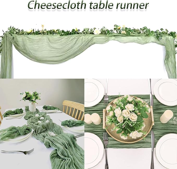 6 Pack Sage Green Cheesecloth Table Runner 20 x 120 inch Gauze Table Runners 10 FT Long,Semi Sheer Boho Cheese Cloth Fabric Table Runner Bulk for Wedding,Party,Baby Shower,Bridal Shower Decoration