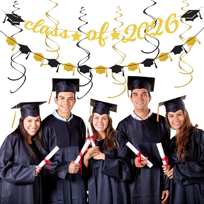 Black-Gold 2026 Class-Congratulations Graduation Party-Decorations - 22pcs High School College Grad Prom Supplies Decor, Tissue Pom Poms Streamers, Paper Flowers Lanterns Hugmoon