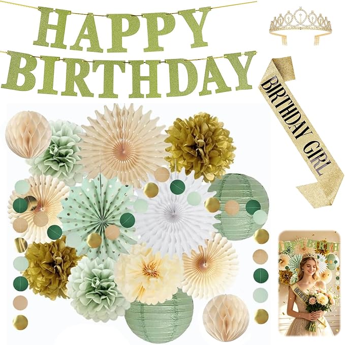 Sage Green Birthday Party Decorations Kit, Paper Fans, Pom Poms, Lanterns, Garland, Happy Birthday Banner, Crown & Birthday Girl Sash