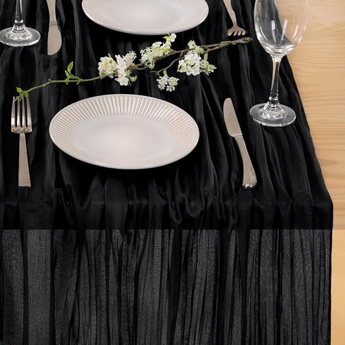 MLMC Black Table Runner 10ft Rustic Gauze Cheesecloth Table Runner 35x120 Inches Cheese Cloth Centerpiece for Wedding Party Bridal Shower Anniversary Events Gothic Decor