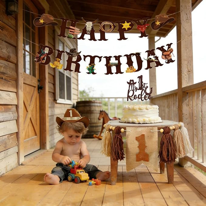 Western Cowboy 1st Birthday Decorations Boy-My First Rodeo Felt Birthday Banner Western Rodeo First Birthday High Chair Banner With Rodeo Cake Topper & Cowboy Hat,Cowboy First Birthday Decorations