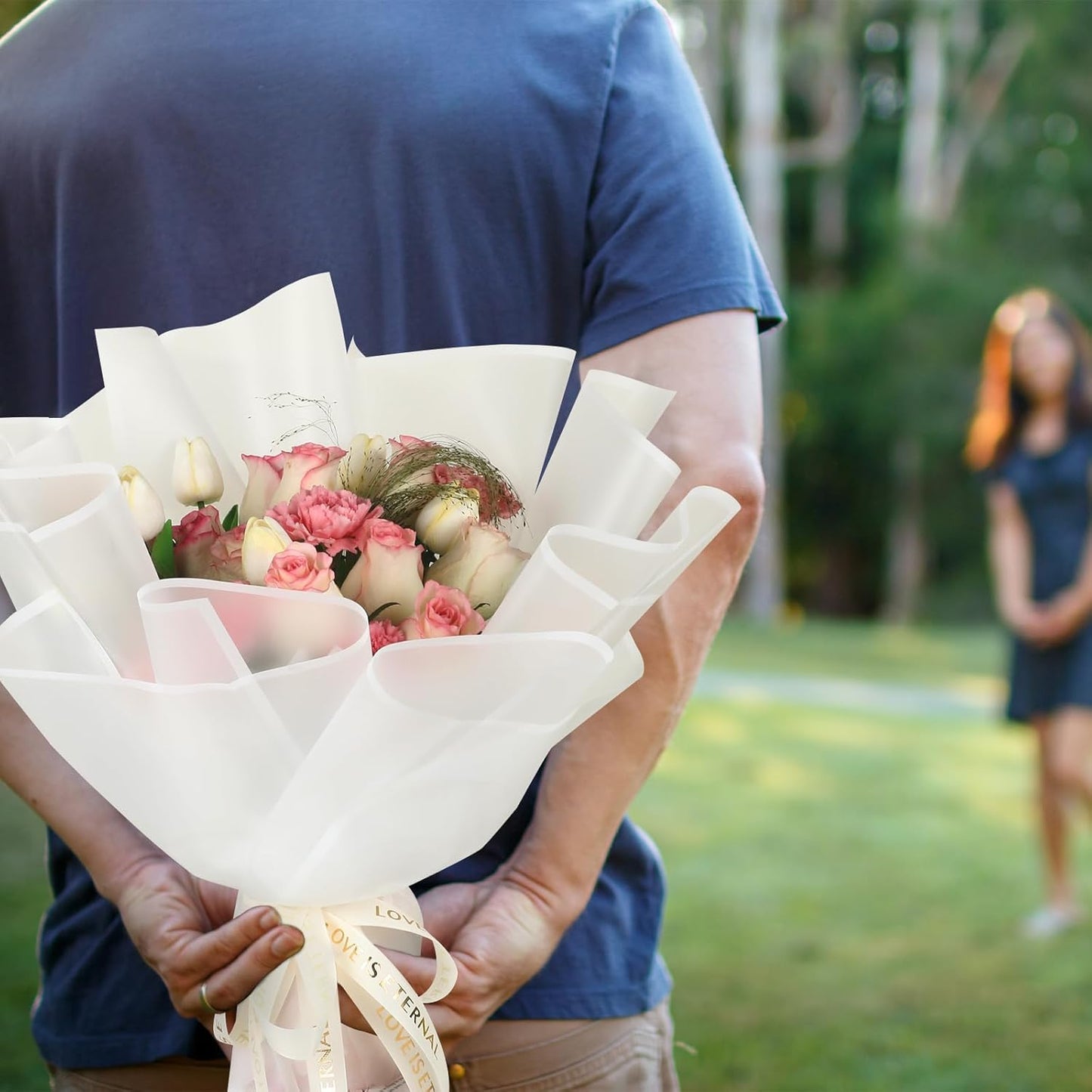 NESCCI 200 Sheets Flower Wrapping Paper - Waterproof Florist Bouquet Paper,70Ft Satin Ribbon, 36 Pcs 3D Butterflies 100 PCS Flower Pins for Wedding Birthday Gift DIY(Translucent Multicolored)